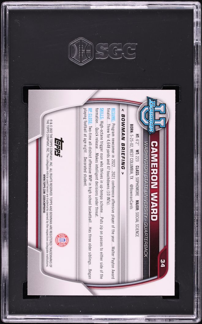 2022 Bowman Chrome University Cameron Ward ROOKIE #34 SGC 9.5 MINT+