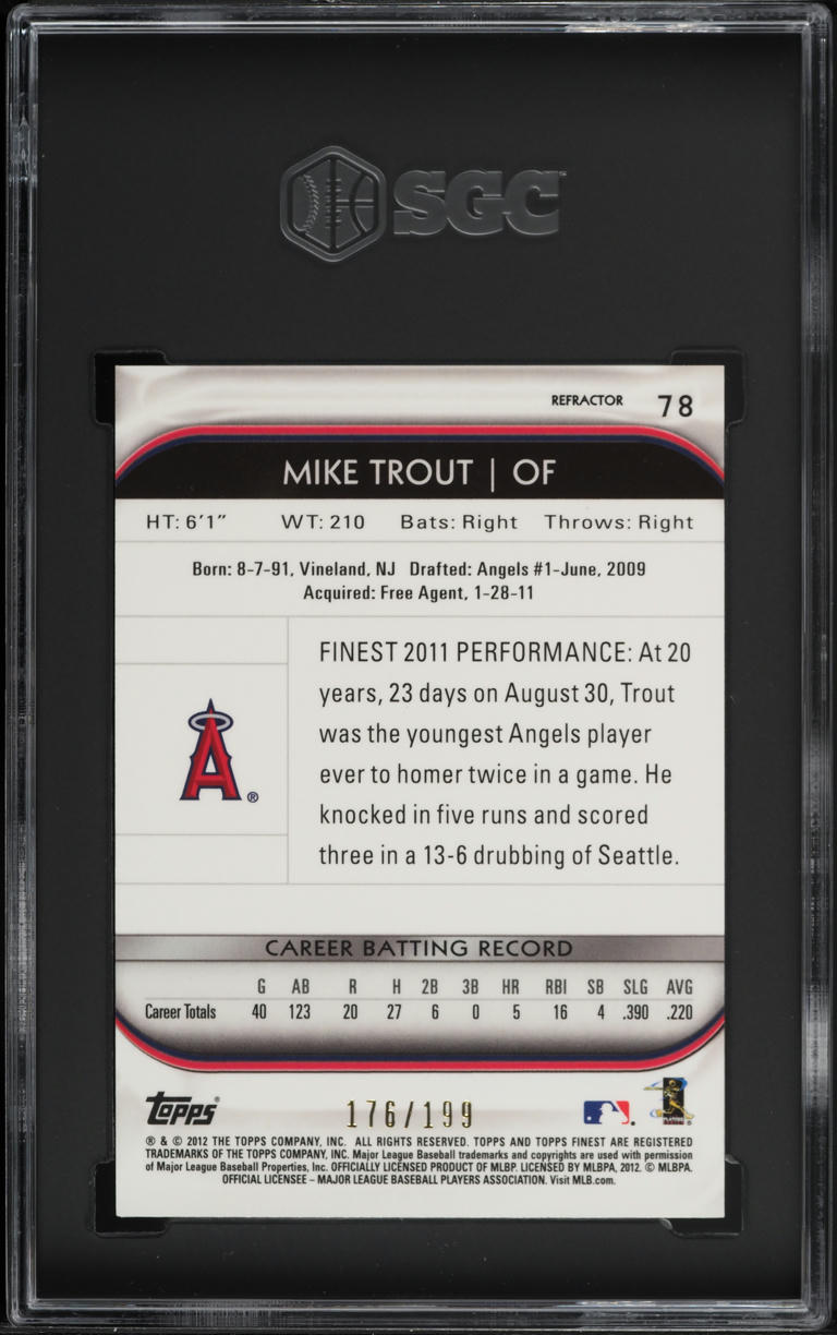2012 Finest Green Refractor Mike Trout ROOKIE /199 #78 SGC 9 MINT