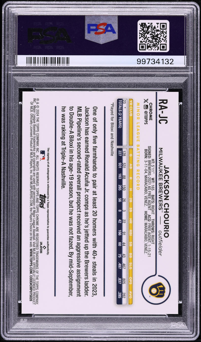 2024 Topps Chrome Superfractor Jackson Chourio ROOKIE AUTO DNA 10 1/1 PSA 9 MINT