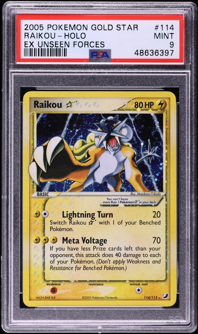 2005 Pokemon EX Unseen Forces Holo Raikou Gold Star #114 PSA 9 MINT