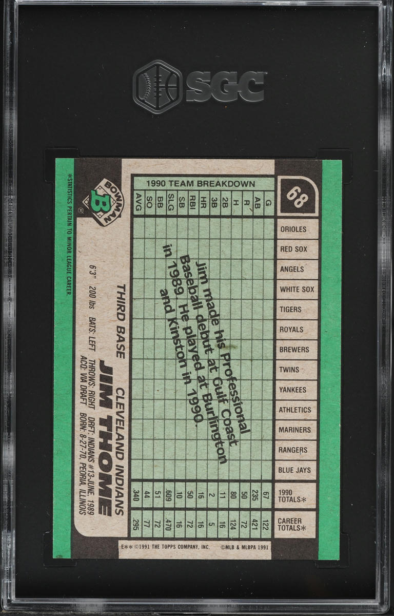 1991 Bowman Jim Thome ROOKIE #68 SGC 9 MINT