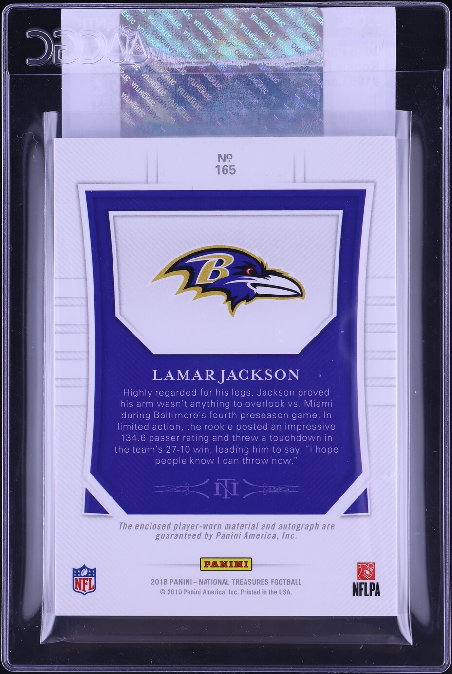 2018 National Treasures Lamar Jackson ROOKIE PATCH AUTO 99/99 #165 CGC AUTH