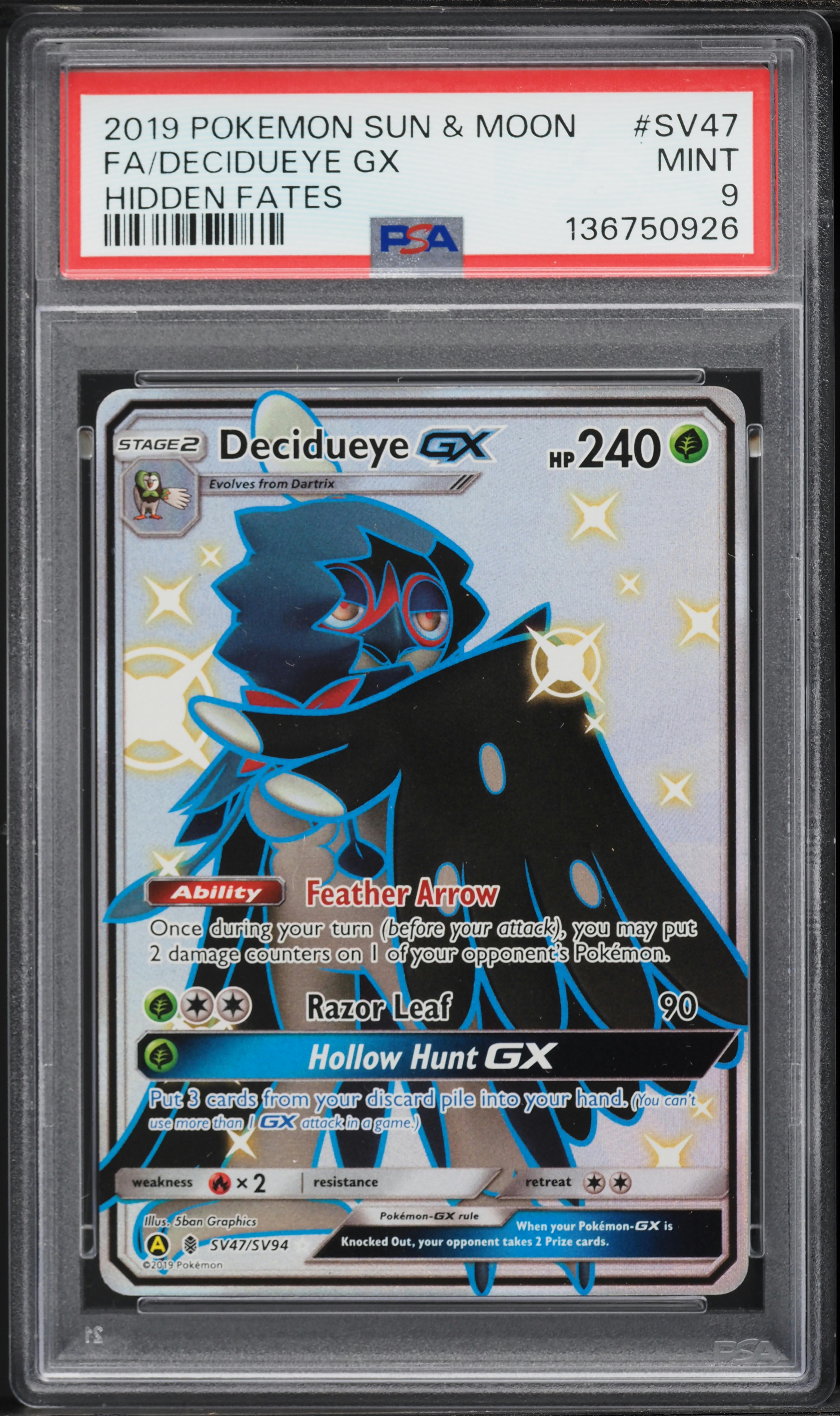 2019 Pokemon Sun & Moon Hidden Fates Shiny Full Art Decidueye GX #SV47 PSA 9 MINT