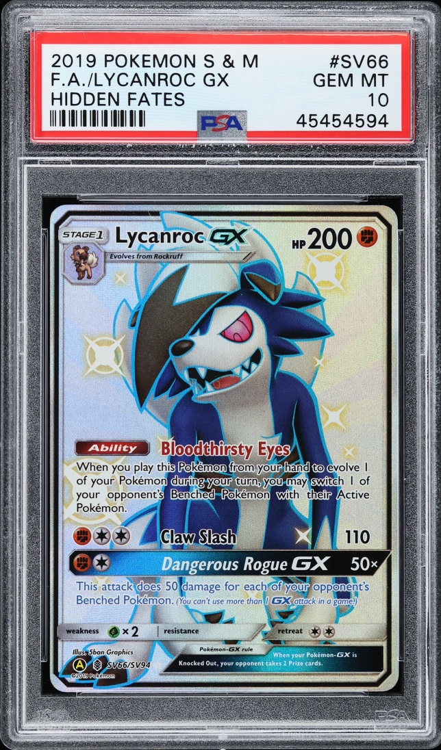 2019 Pokemon Sun & Moon Hidden Fates Full Art Lycanroc GX #SV66 PSA 10 GEM MINT