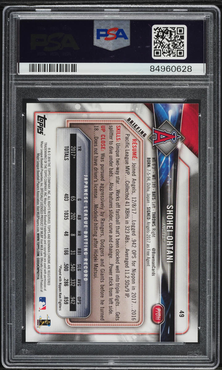 2018 Bowman Shohei Ohtani ROOKIE #49 PSA 10 GEM MINT on