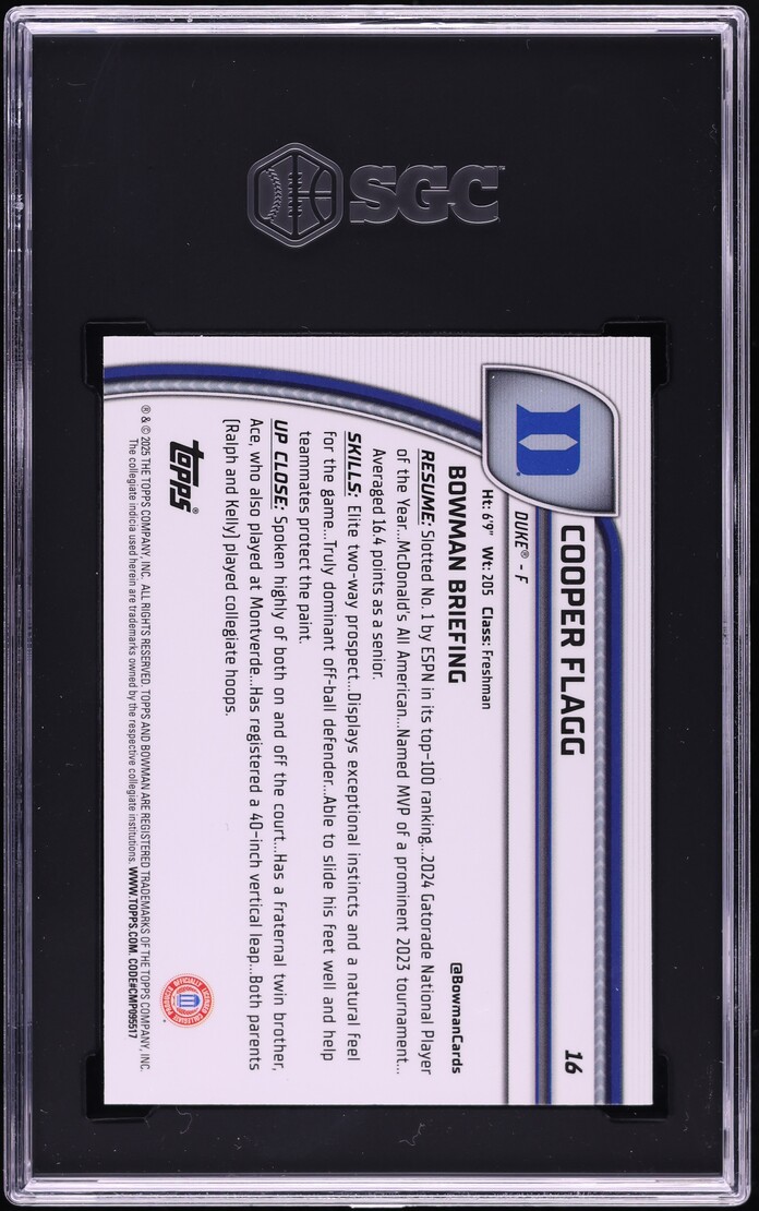 2024 Bowman Chrome University Cooper Flagg ROOKIE #16 SGC 7 NRMT