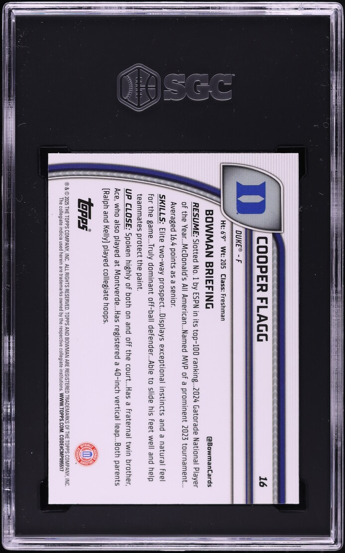 2024 Bowman Chrome University Cooper Flagg ROOKIE #16 SGC 8.5 NM-MT+