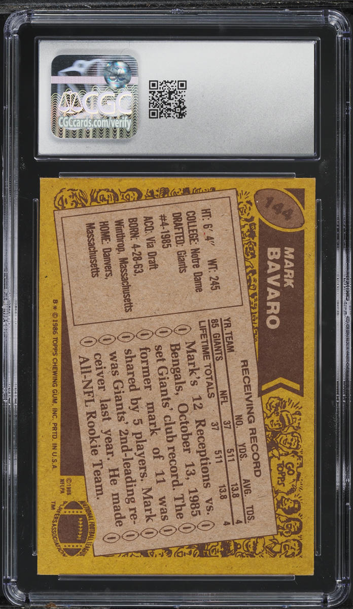 1986 Topps Football Mark Bavaro ROOKIE #144 CGC 6 EXMT