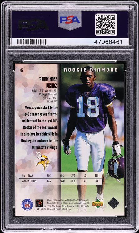 1998 Black Diamond Rookies Single Randy Moss ROOKIE #97 PSA 10 GEM MINT - Photo 2
