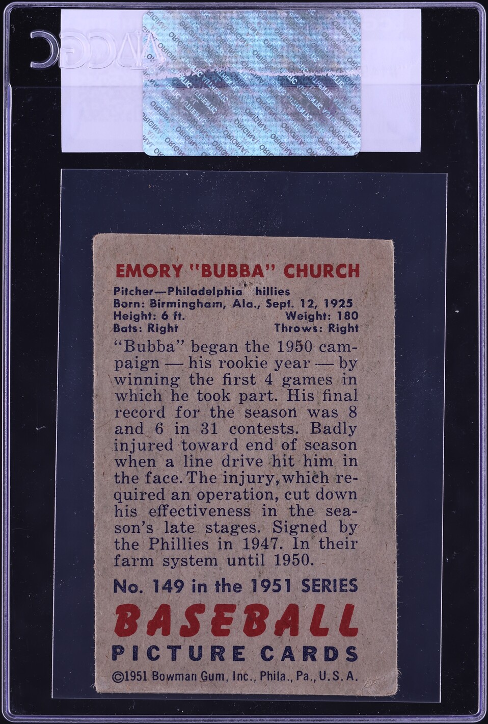 1951 Bowman Bubba Church #149 CGC AUTH