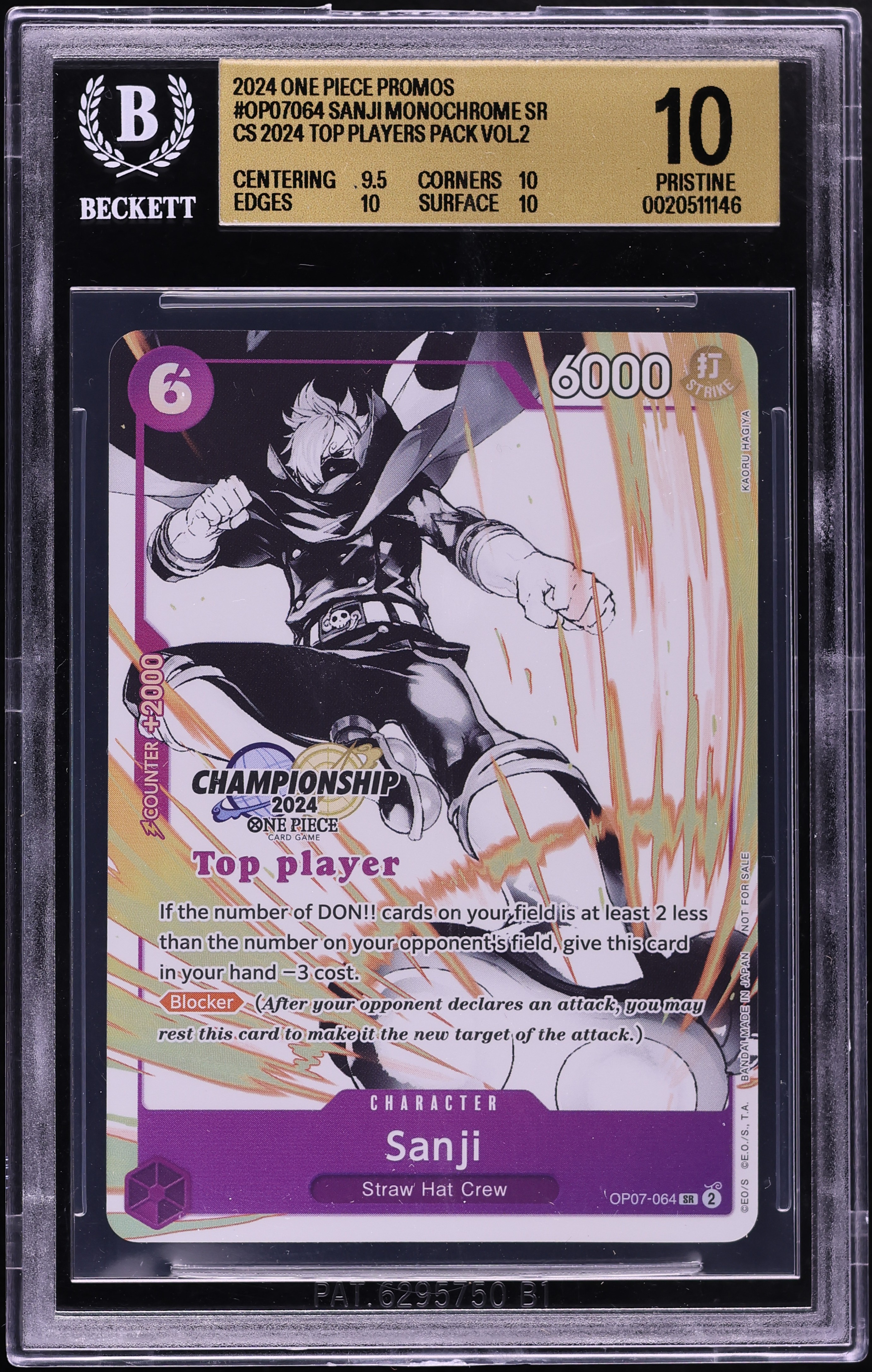 2024 One Piece Promo Championship Top Players Pack Vol.2 SR Alt Art Sanji #OP07-064 BGS 10