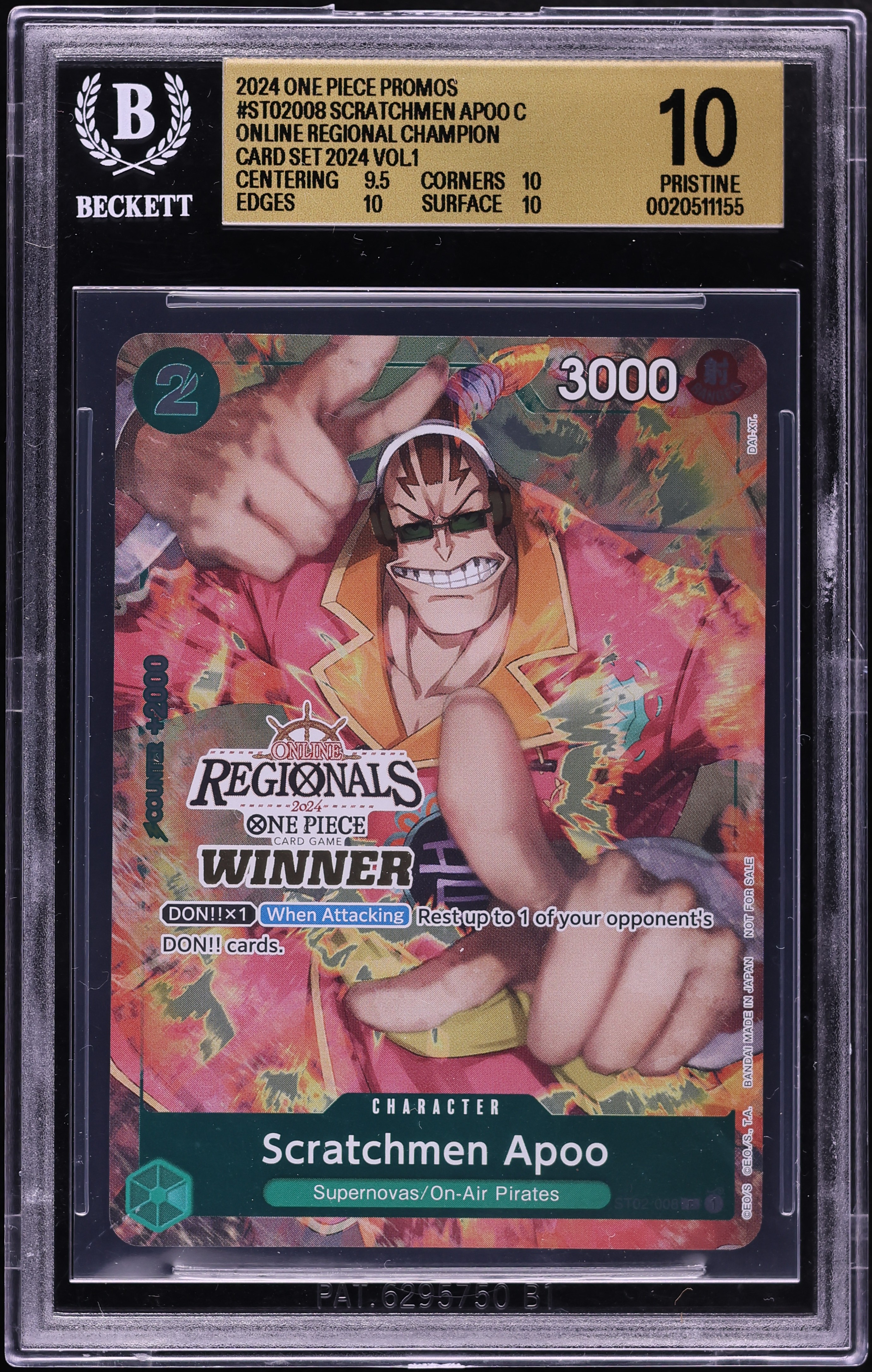 2024 One Piece Promo Online Regionals Champion Set '24 Vol.1 Alt Art Scratchmen Apoo BGS 10