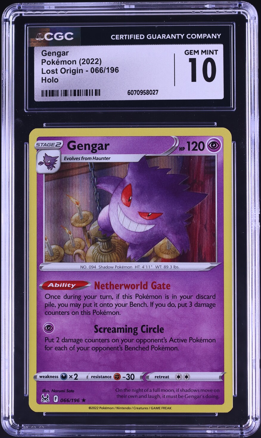 2022 Pokemon Sword & Shield Lost Origin Holo Gengar #66 CGC 10 GEM MINT