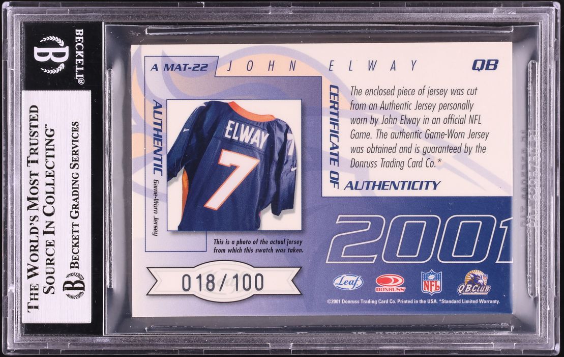 2001 Quantum Leaf All-Millennium John Elway PATCH AUTO /100 #AMAT22 BGS 8.5 NM-MT+ - Photo 2