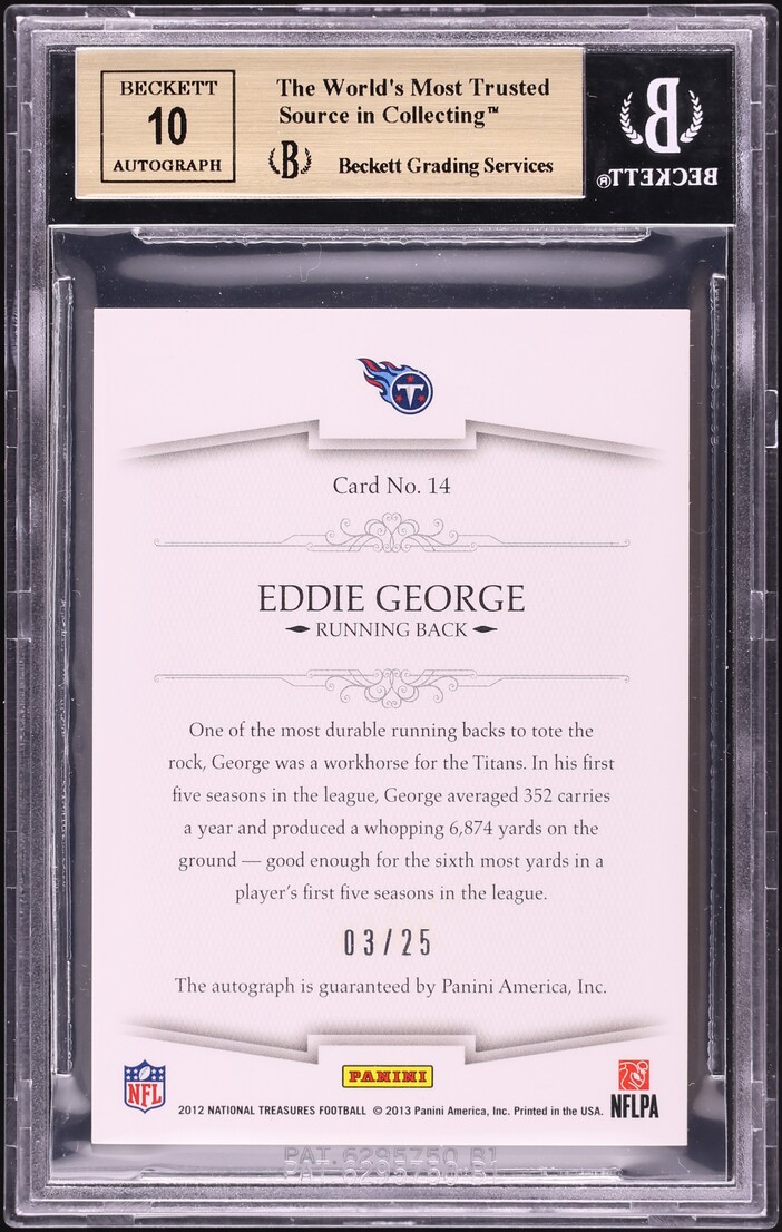 2012 National Treasures NFL Greatest Eddie George AUTO /25 #14 BGS 9.5 GEM MINT - Photo 2