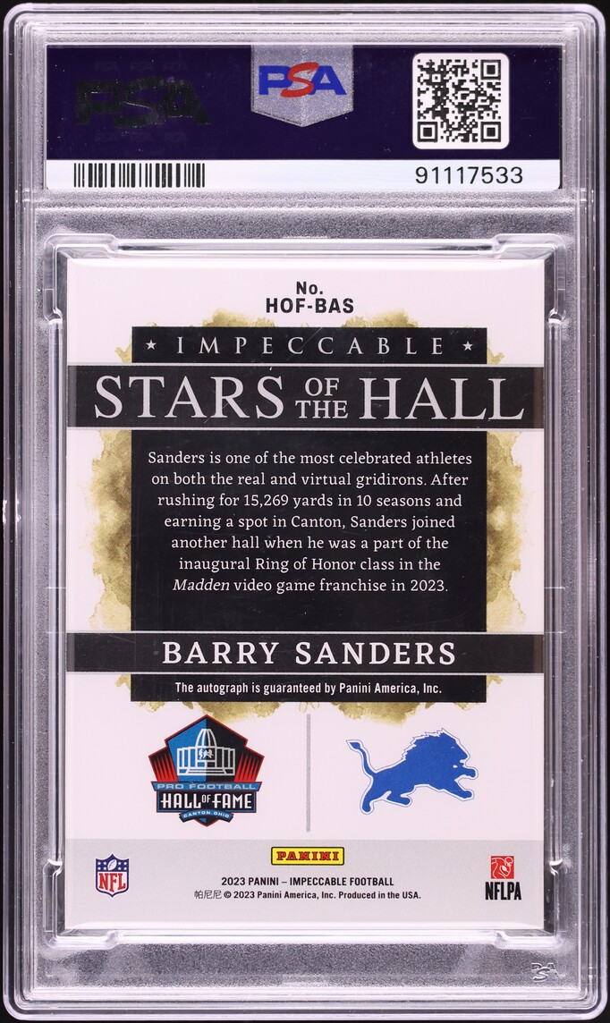 2023 Panini Impeccable Stars Of The Hall Barry Sanders AUTO /15 #HOF-BAS PSA 9 MINT - Photo 2