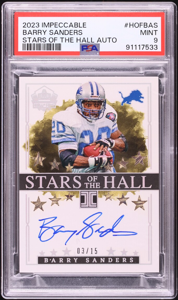 2023 Panini Impeccable Stars Of The Hall Barry Sanders AUTO /15 #HOF-BAS PSA 9 MINT - Photo 1
