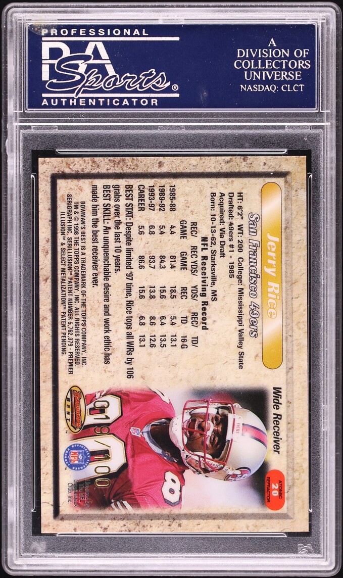 1998 Bowman's Best Atomic Refractor Jerry Rice /100 #20 PSA 9 MINT - Photo 2