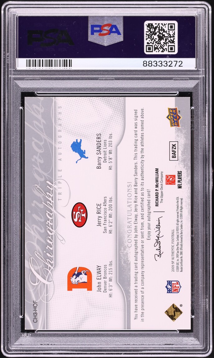 2009 SP Authentic Chirography Triples John Elway Jerry Rice Barry Sanders AUTO DNA 10 /10 PSA 9 - Photo 2