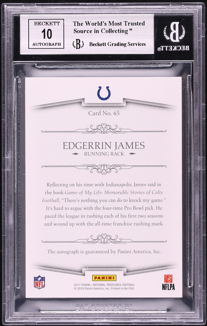2017 National Treasures NFL Greatest Edgerrin James AUTO /25 #65 BGS 9 MINT - Photo 2