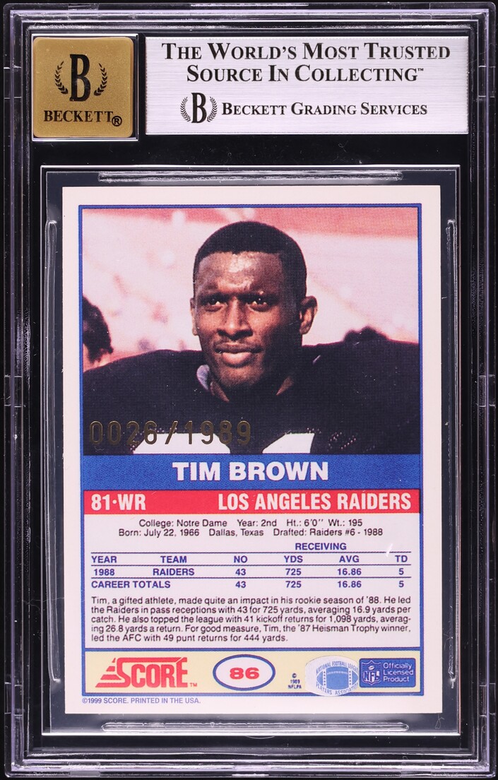 1999 Score 10th Anniversary Reprints Tim Brown AUTO /1989 #5 BGS 8.5 NM-MT+ - Photo 2