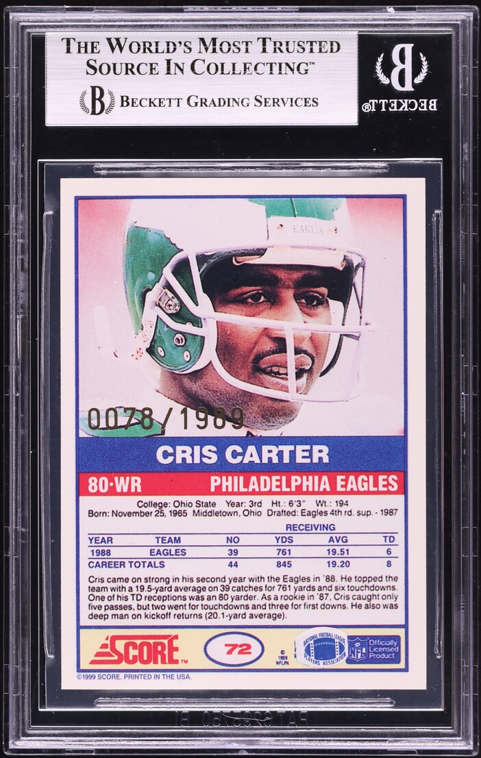 1999 Score 10th Anniversary Reprints Cris Carter AUTO /1989 #4 BGS 8.5 NM-MT+ - Photo 2