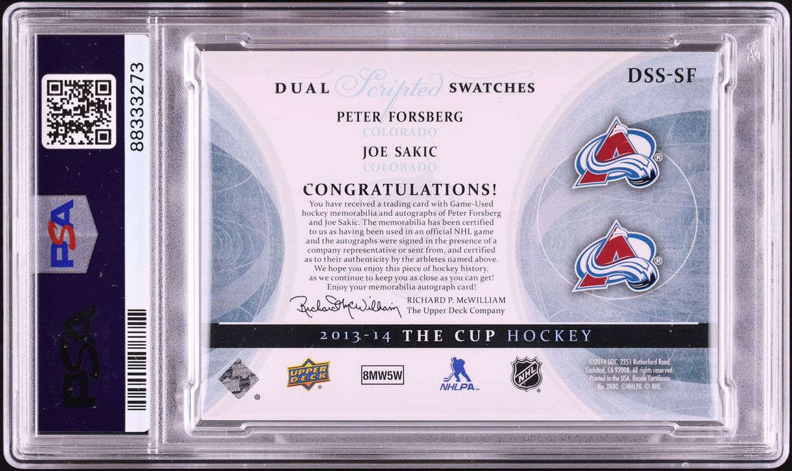 2013 Upper Deck The Cup Scripted Dual Peter Forsberg & Joe Sakic PATCH AUTO DNA 8 /15 PSA 9 - Photo 2