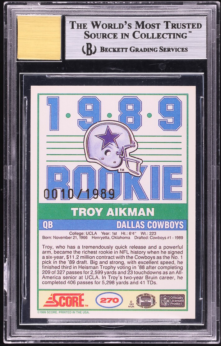 1999 Score 10th Anniversary Reprint Troy Aikman AUTO /1989 #2 BGS 9 MINT - Photo 2