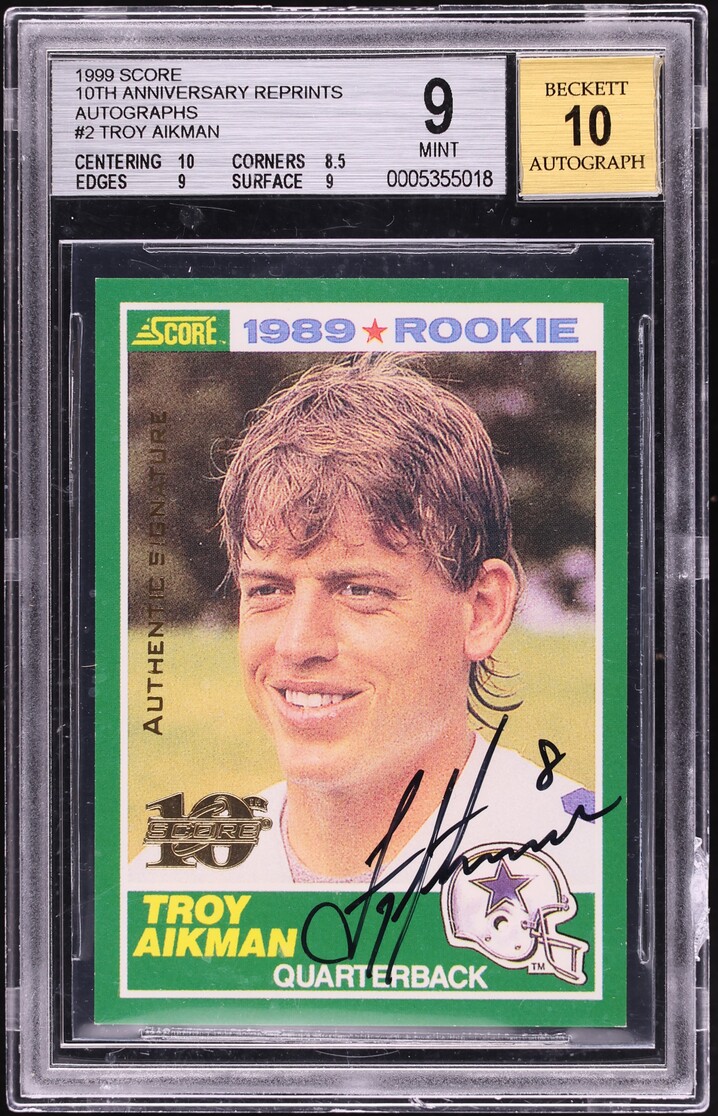 1999 Score 10th Anniversary Reprint Troy Aikman AUTO /1989 #2 BGS 9 MINT - Photo 1