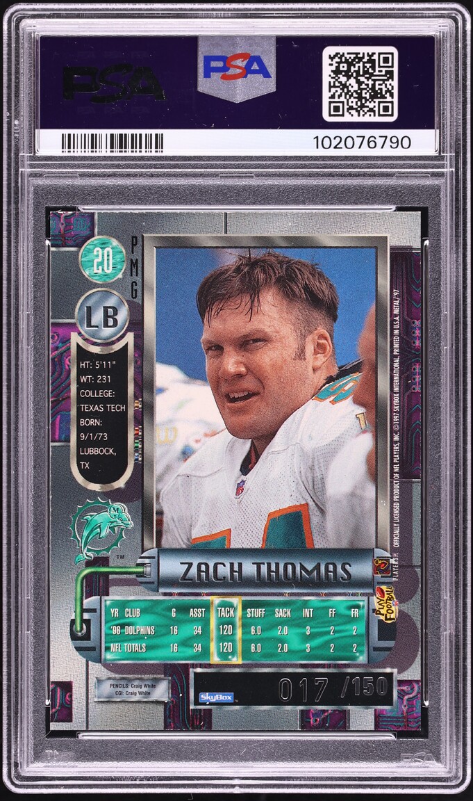 1997 Metal Universe Precious Metal Gems PMG Red Zach Thomas /150 #20 PSA 7 NRMT - Photo 2
