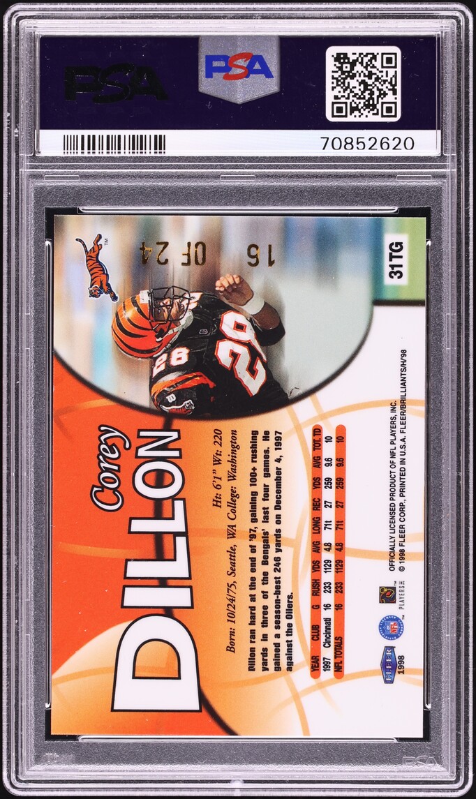 1998 Fleer Brilliants 24KT Gold Corey Dillon /24 #31TG PSA 8 NM-MT - Photo 2