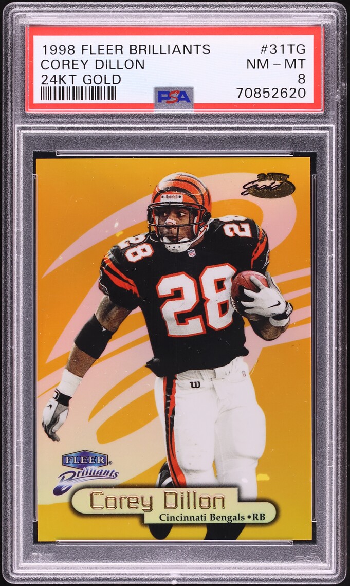 1998 Fleer Brilliants 24KT Gold Corey Dillon /24 #31TG PSA 8 NM-MT - Photo 1