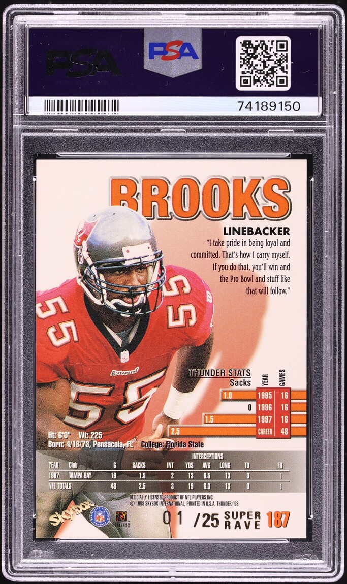 1998 Skybox Thunder Super Rave Derrick Brooks 1/25 #187 PSA 8 NM-MT - Photo 2