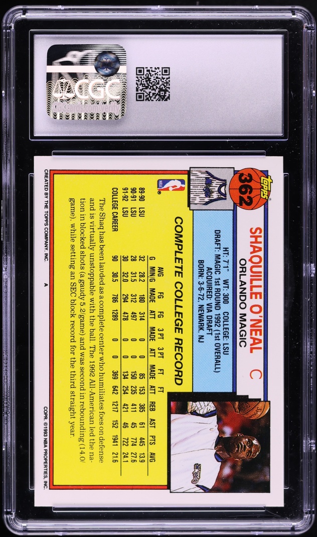 1992 Topps Basketball Shaquille O'Neal ROOKIE #362 CGC 10 GEM MINT