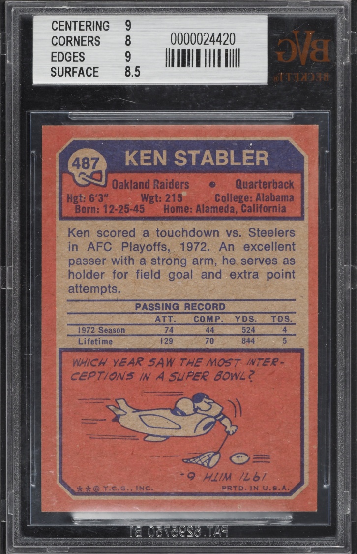 1973 Topps Football Ken Stabler ROOKIE #487 BVG 8.5 NM-MT+