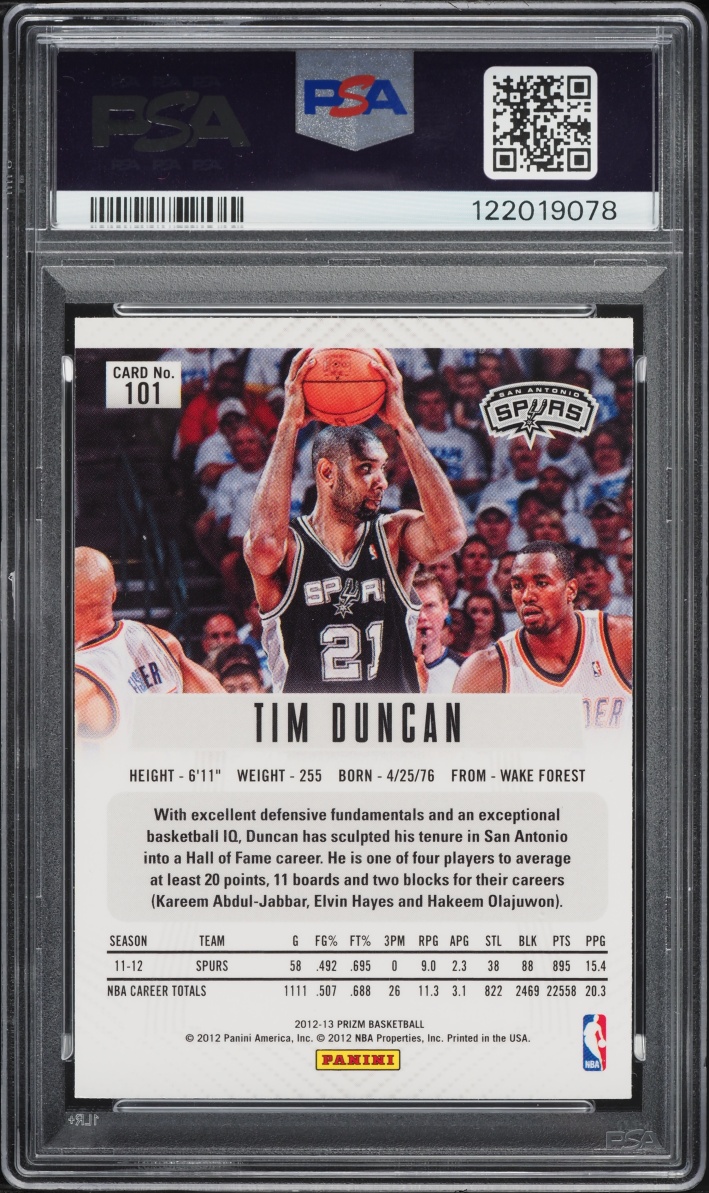 2012 Panini Prizm Silver Tim Duncan #101 PSA 9 MINT