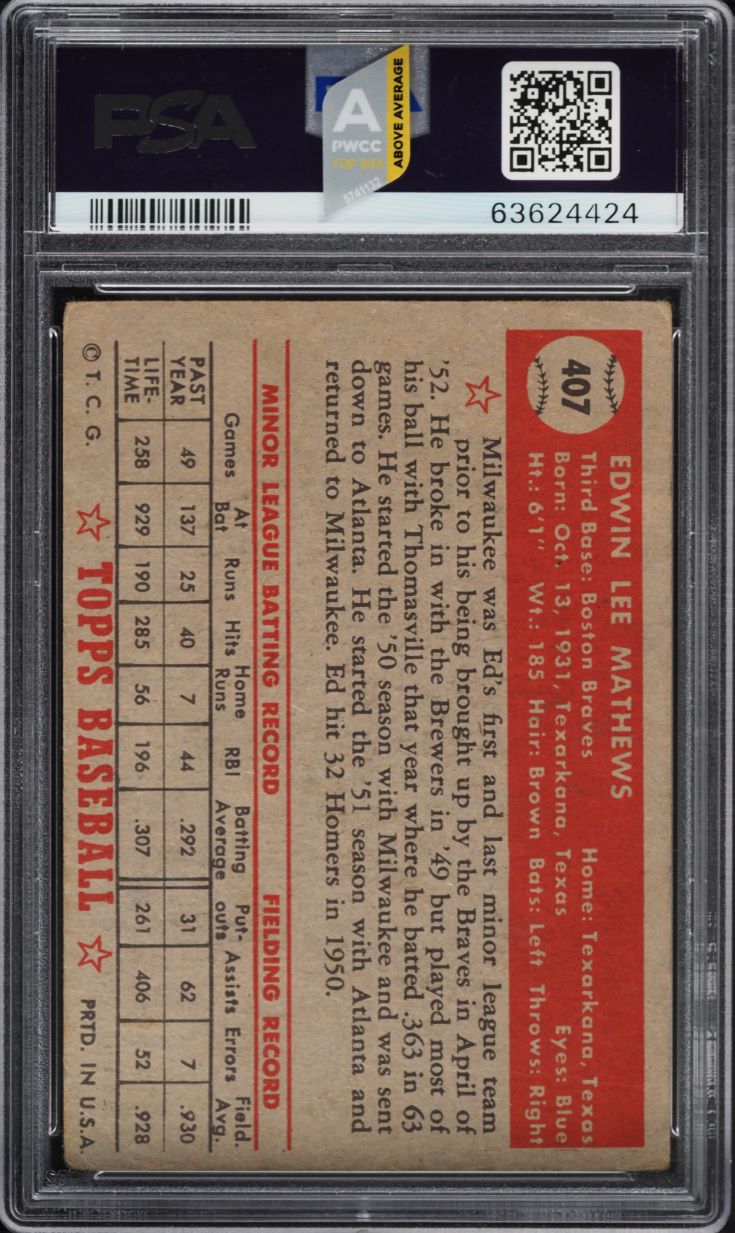 1952 Topps Eddie Mathews ROOKIE #407 PSA 2 GD