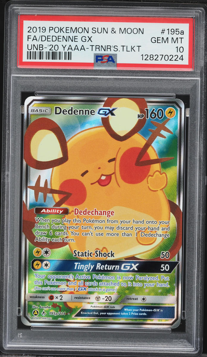 2020 Pokemon Sun & Moon Unbroken Bonds Trainer's Toolkit Full Art Dedenne GX #195a PSA 10 GEM