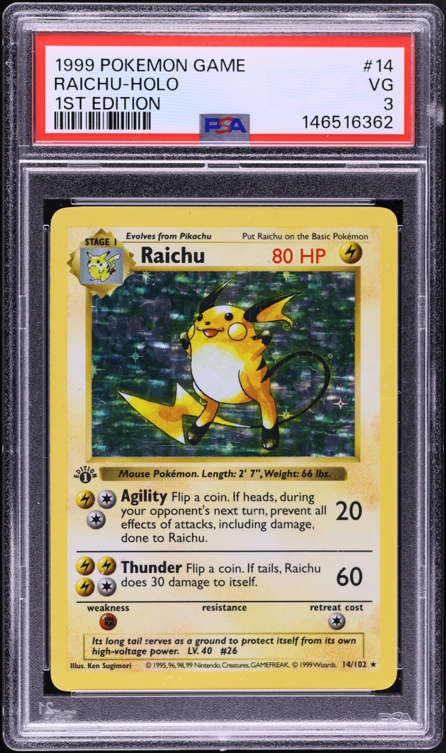 1999 Pokemon Base Set Shadowless 1st Edition Holo Raichu #14 PSA 3 VG