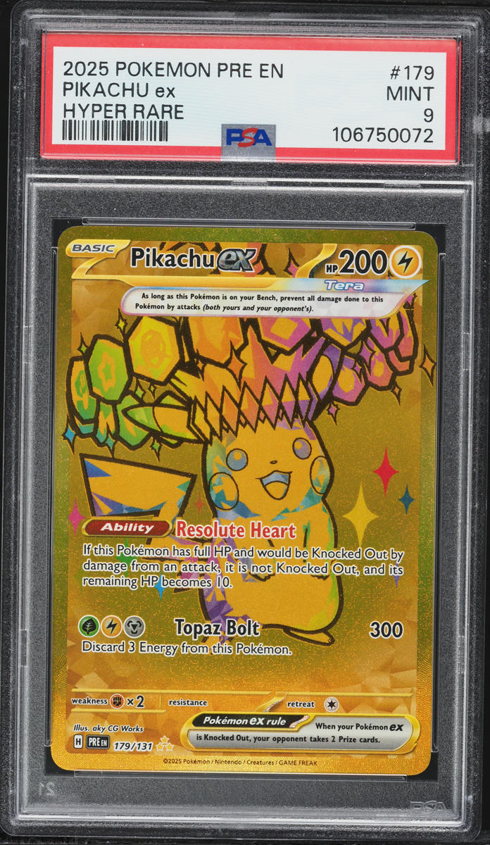 2025 Pokemon Scarlet & Violet Prismatic Evolutions Gold Rare Pikachu ex #179 PSA 9 MINT