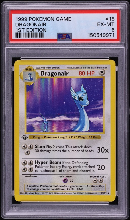 1999 Pokemon Base Set Shadowless 1st Edition Dragonair #18 PSA 6 EXMT