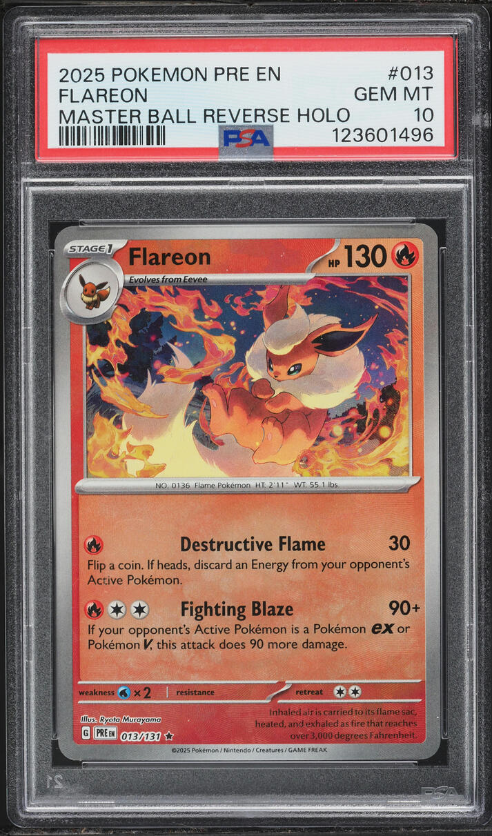 2025 Pokemon SV Prismatic Evolutions Master Ball Reverse Holo Flareon #13 PSA 10 GEM MINT