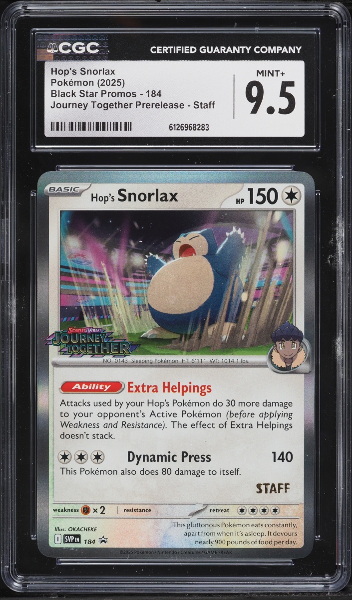 2025 Pokemon SV Promo Journey Together Prerelease Staff Hop's Snorlax #184 CGC 9.5 MINT+