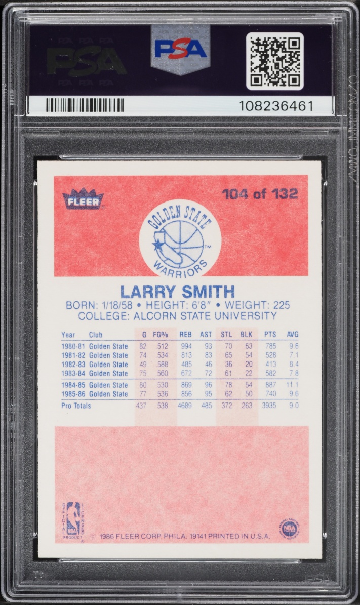 1986 Fleer Basketball Larry Smith #104 PSA 9 MINT
