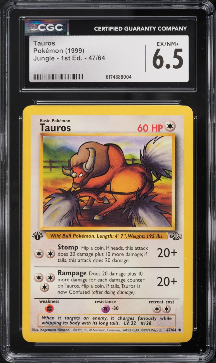 1999 Pokemon Jungle 1st Edition Tauros #47 CGC 6.5 EXMT+