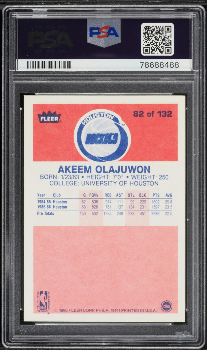 1986 Fleer Basketball Aakeem Olajuwon ROOKIE #82 PSA 8 NM-MT - Photo 2