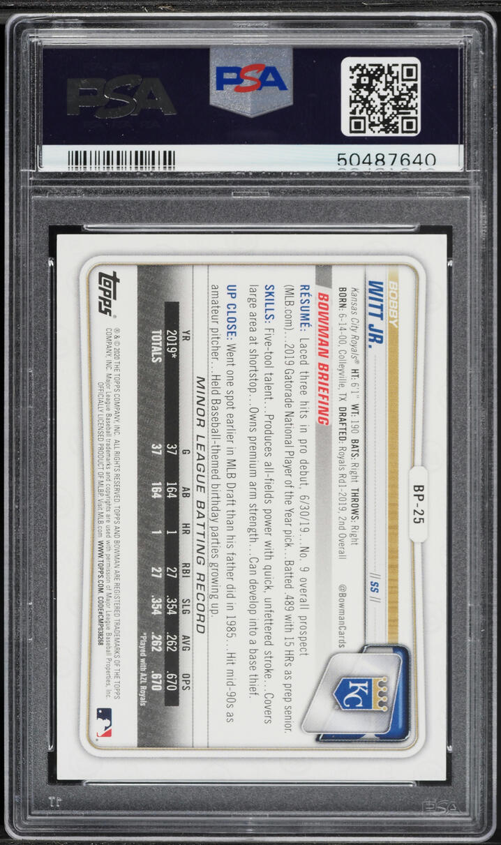 2020 Bowman Paper Blue Bobby Witt Jr. PROSPECT /150 #BP-25 PSA 9 MINT - Photo 2