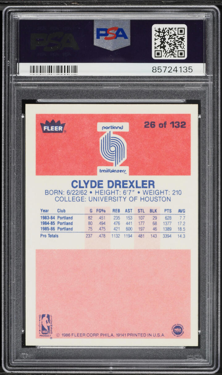 1986 Fleer Basketball Clyde Drexler ROOKIE #26 PSA 8 NM-MT - Photo 2