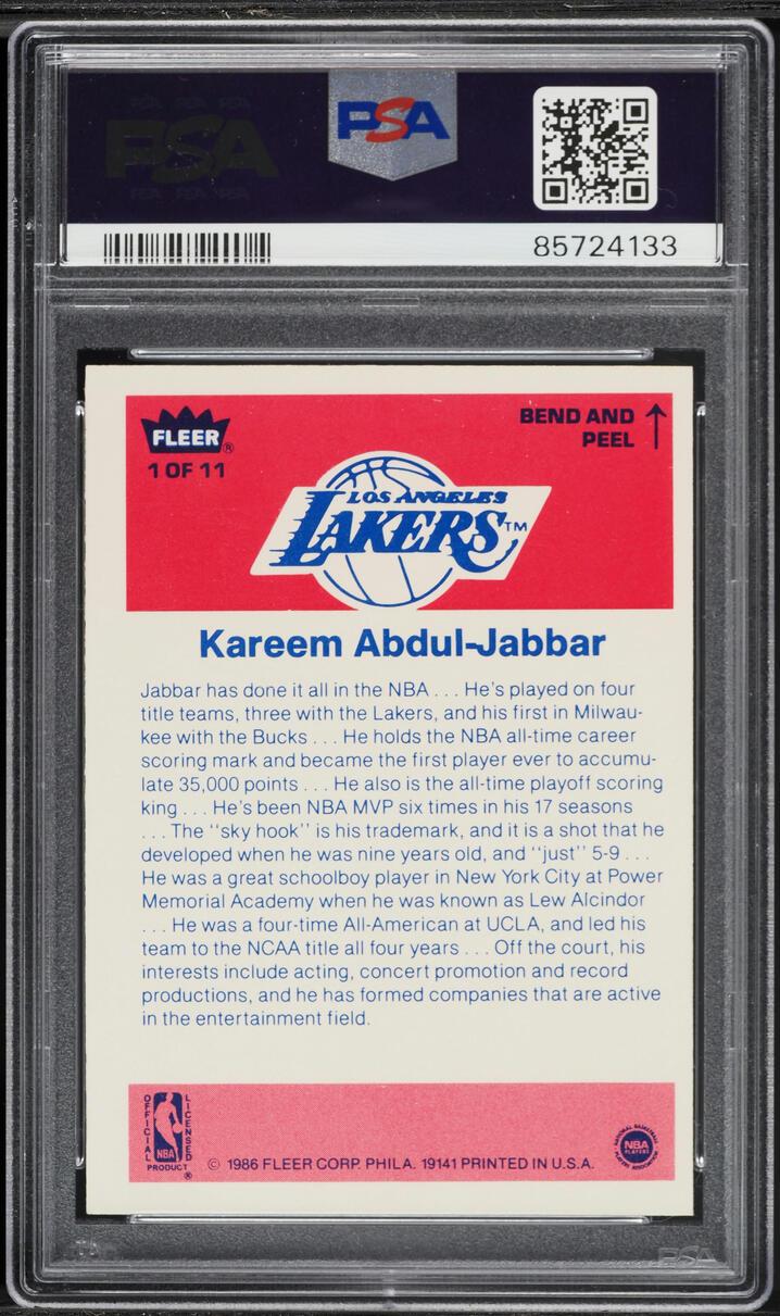 1986 Fleer Sticker Kareem Abdul-Jabbar #1 PSA 7 NRMT - Photo 2