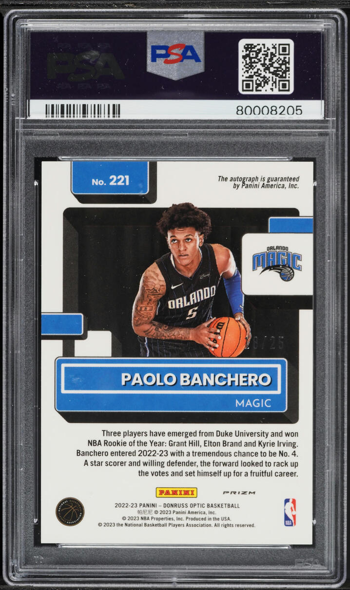 2022 Donruss Optic Fast Break Pink Paolo Banchero ROOKIE AUTO DNA 10 /25 #221 PSA 9 MINT - Photo 2
